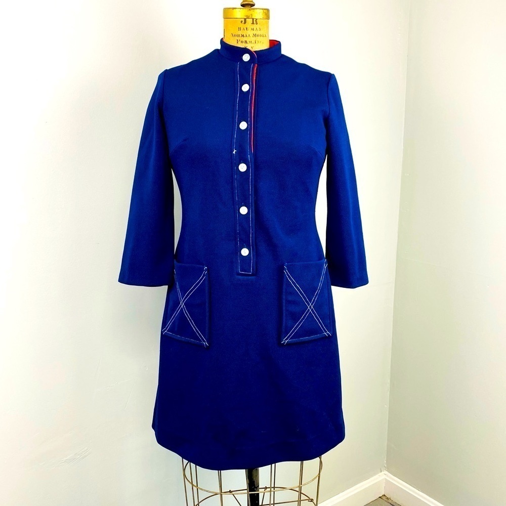 Vintage Bleeker Street, 1960s / 1970s Dress Navy Blue and Red Dress with Pockets